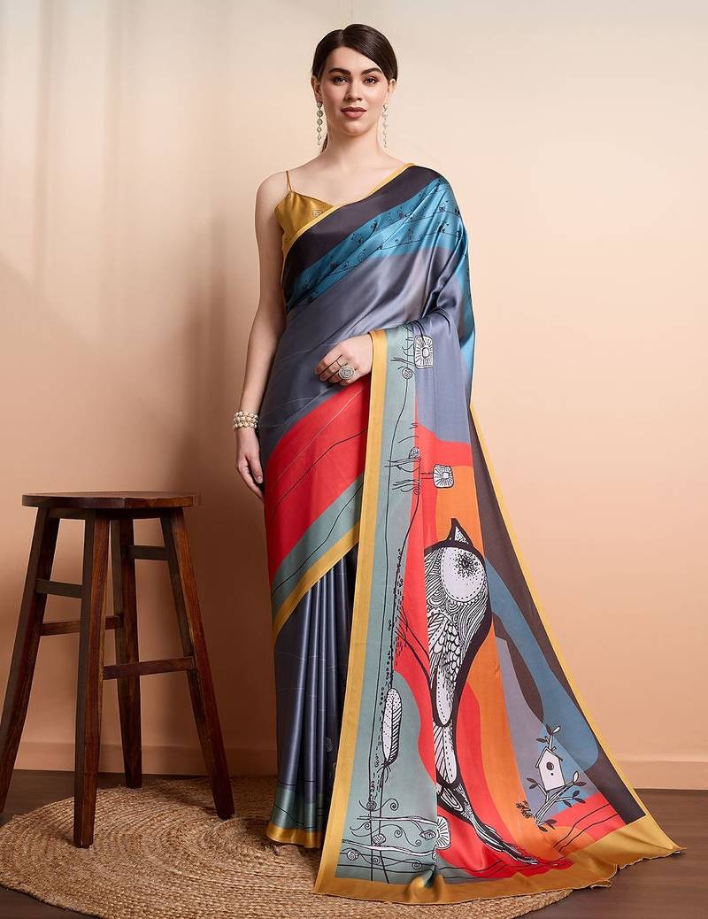 Grey printed satin fashion saree with blouse piece