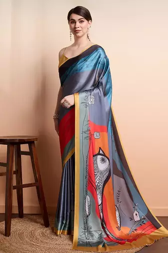 Grey printed satin fashion saree with blouse piece