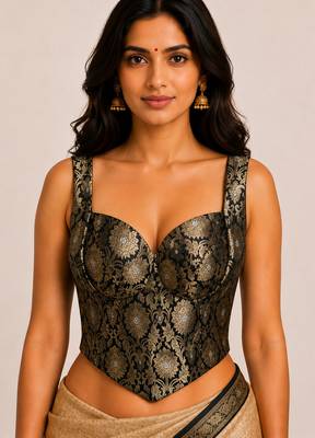 Black zari woven jacquard silk designer readymade saree blouse for women wedding party wear 2