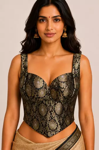Black zari woven jacquard silk designer readymade saree blouse for women wedding party wear