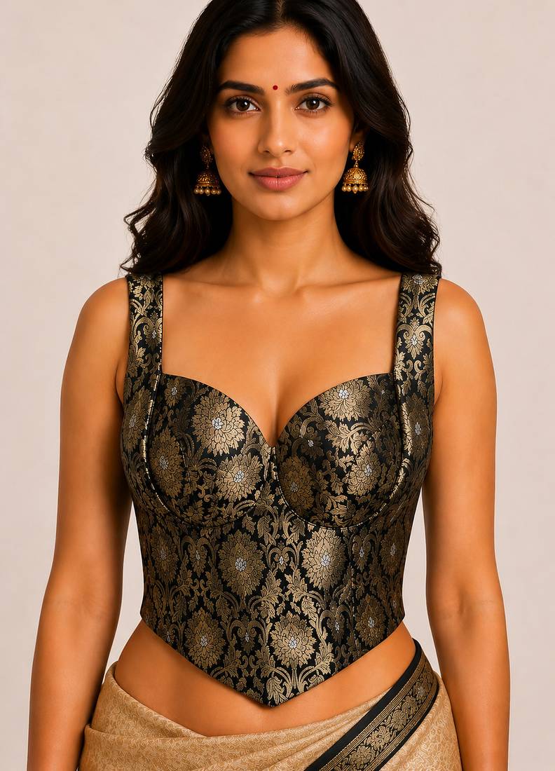 Black zari woven jacquard silk designer readymade saree blouse for women wedding party wear