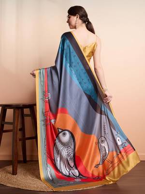 Grey printed satin fashion saree with blouse piece 3