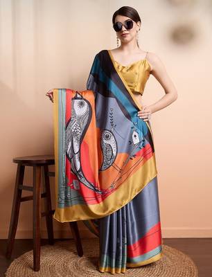 Grey printed satin fashion saree with blouse piece 4