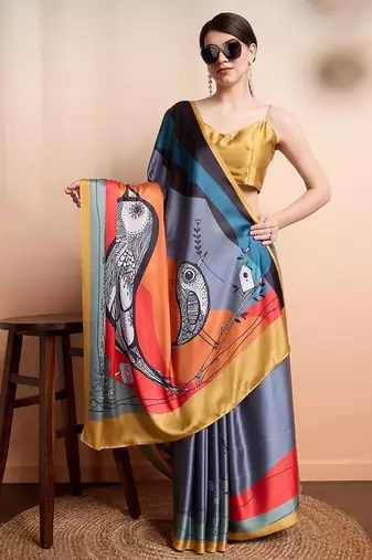 Grey printed satin fashion saree with blouse piece