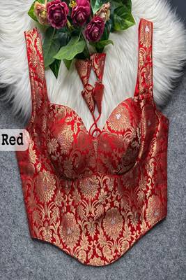 Red zari woven jacquard silk designer readymade saree blouse for women wedding bridal party wear 1