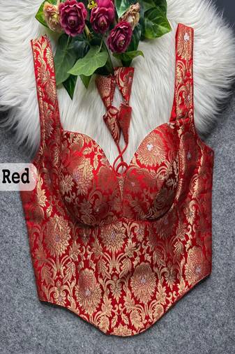 Red zari woven jacquard silk designer readymade saree blouse for women wedding bridal party wear