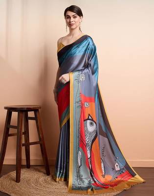 Grey printed satin fashion saree with blouse piece 1