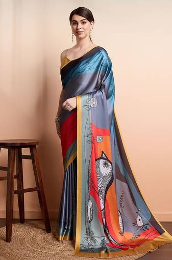 Grey printed satin fashion saree with blouse piece