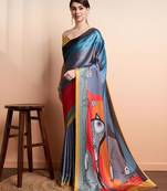 Grey printed satin fashion saree with blouse piece