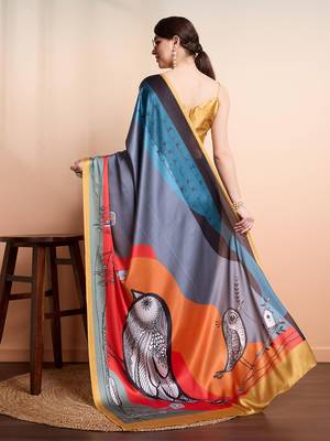 Grey printed satin fashion saree with blouse piece 2
