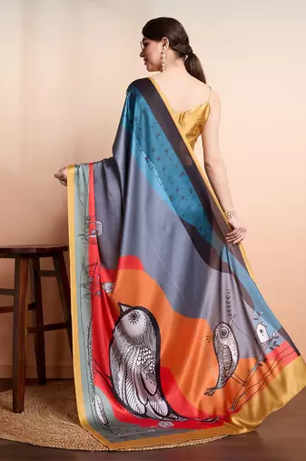 Grey printed satin fashion saree with blouse piece