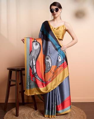 Grey printed satin fashion saree with blouse piece 3