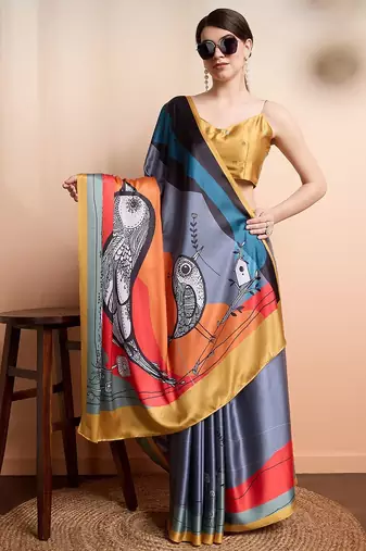 Grey printed satin fashion saree with blouse piece