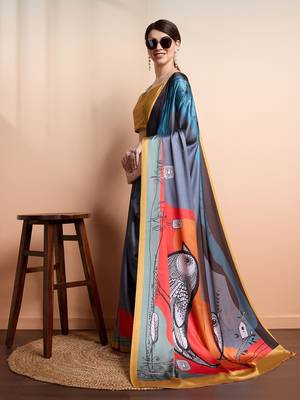 Grey printed satin fashion saree with blouse piece 4