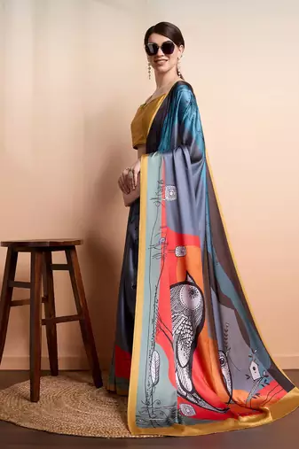 Grey printed satin fashion saree with blouse piece