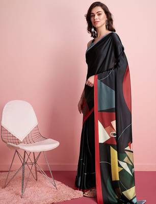 Black printed satin fashion saree with blouse piece 1