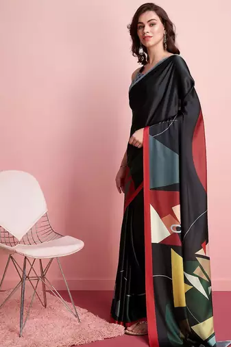 Black printed satin fashion saree with blouse piece