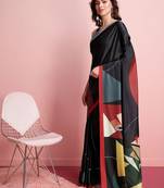 Black printed satin fashion saree with blouse piece