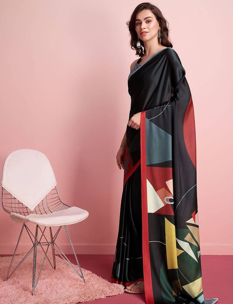 Black printed satin fashion saree with blouse piece