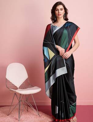 Black printed satin fashion saree with blouse piece 2