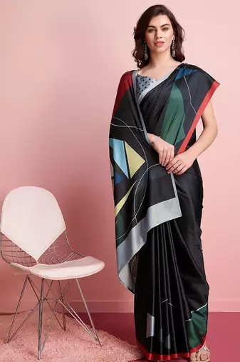 Black printed satin fashion saree with blouse piece