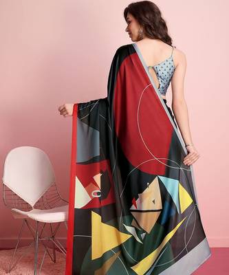 Black printed satin fashion saree with blouse piece 3