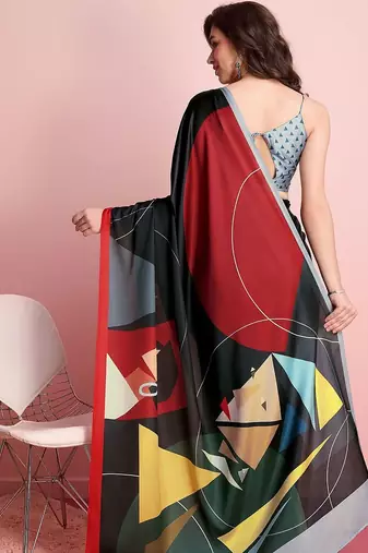 Black printed satin fashion saree with blouse piece