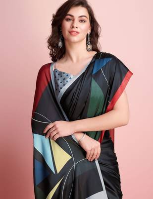 Black printed satin fashion saree with blouse piece 5