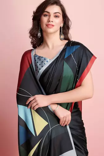 Black printed satin fashion saree with blouse piece