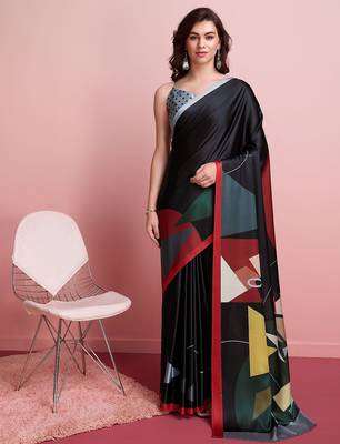Black printed satin fashion saree with blouse piece 1
