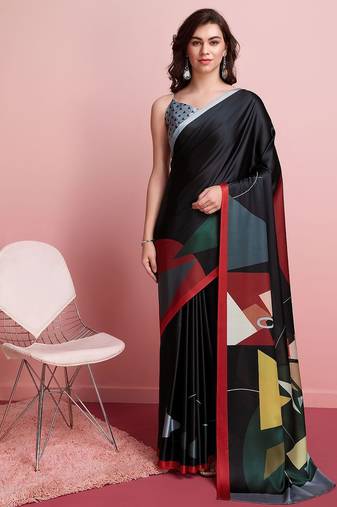 Black printed satin fashion saree with blouse piece