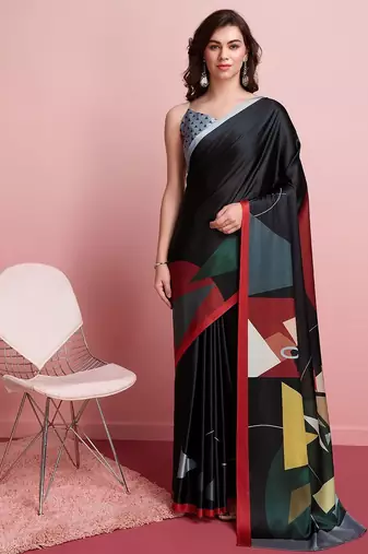 Black printed satin fashion saree with blouse piece