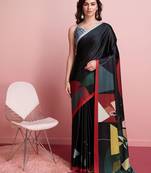 Black printed satin fashion saree with blouse piece