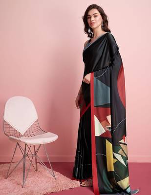 Black printed satin fashion saree with blouse piece 2
