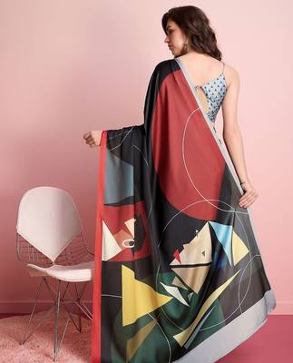 Black printed satin fashion saree with blouse piece 3