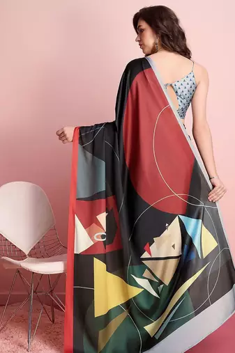 Black printed satin fashion saree with blouse piece