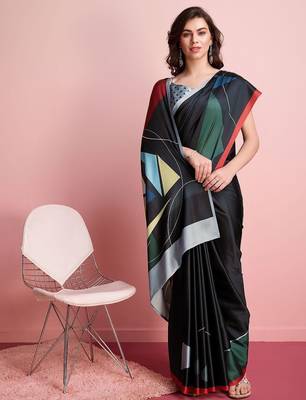 Black printed satin fashion saree with blouse piece 4