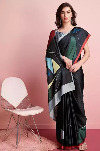 Black printed satin fashion saree with blouse piece
