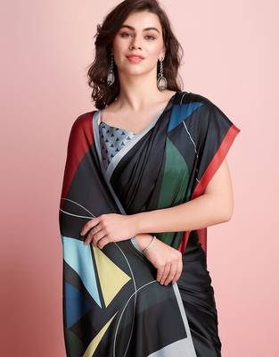 Black printed satin fashion saree with blouse piece 5