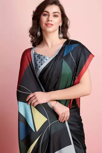Black printed satin fashion saree with blouse piece