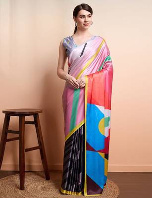 Pink printed satin fashion saree with blouse piece 1