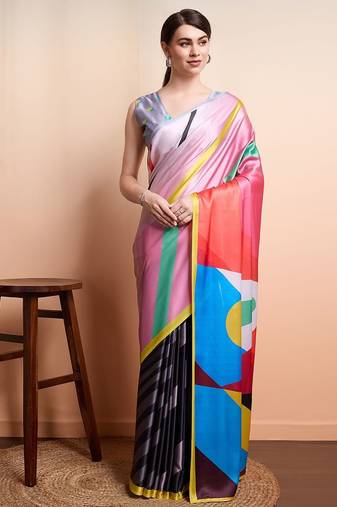 Pink printed satin fashion saree with blouse piece
