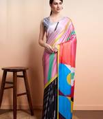 Pink printed satin fashion saree with blouse piece