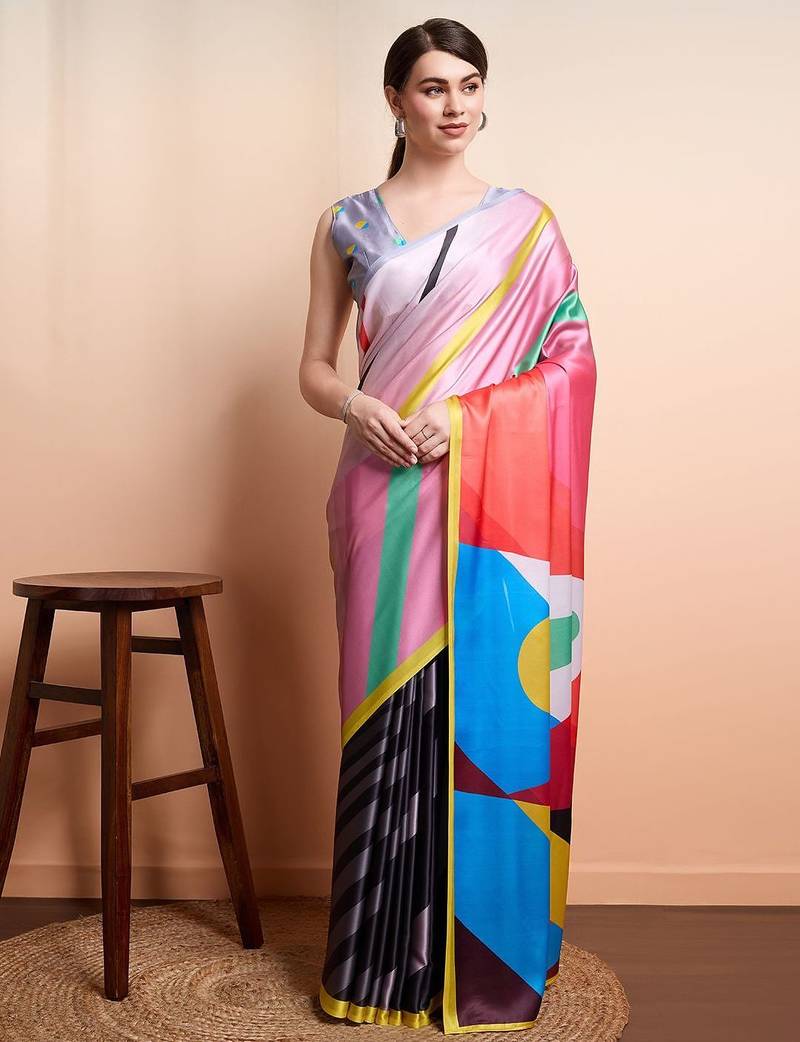 Pink printed satin fashion saree with blouse piece