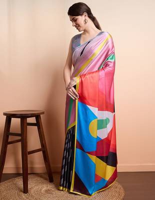 Pink printed satin fashion saree with blouse piece 2