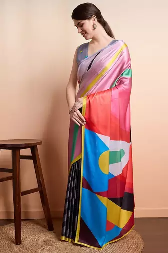 Pink printed satin fashion saree with blouse piece