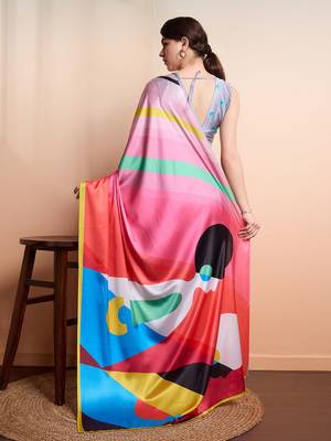 Pink printed satin fashion saree with blouse piece 3