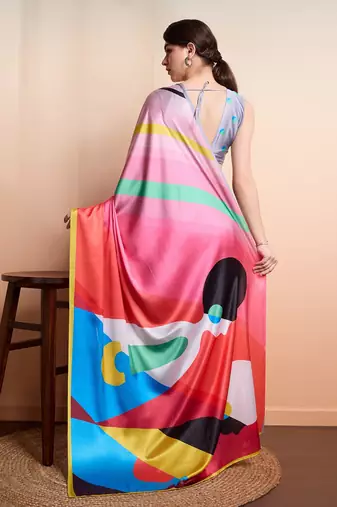 Pink printed satin fashion saree with blouse piece