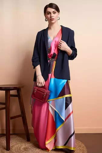 Pink printed satin fashion saree with blouse piece