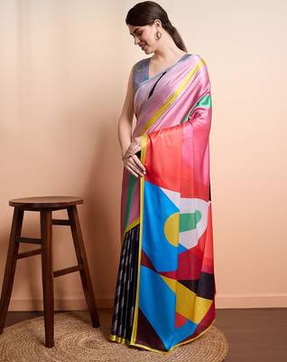 Pink printed satin fashion saree with blouse piece 1